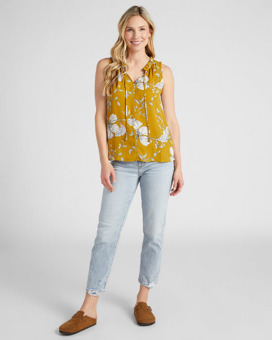 Yellow White $|& West Kei Sleeveless Floral Woven Top with Neck Tie - SOF Full Front