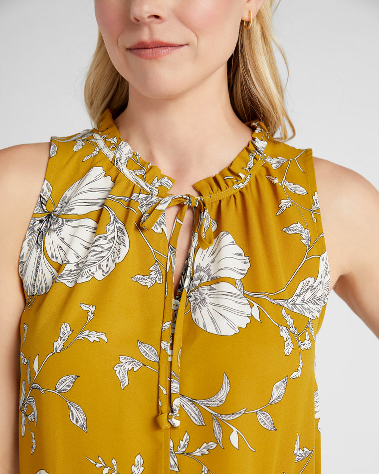 Yellow White $|& West Kei Sleeveless Floral Woven Top with Neck Tie - SOF Detail
