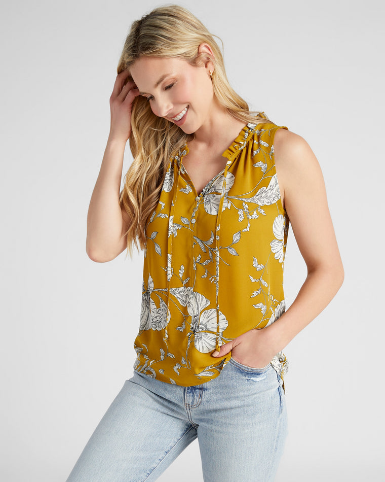 Yellow White $|& West Kei Sleeveless Floral Woven Top with Neck Tie - SOF Front