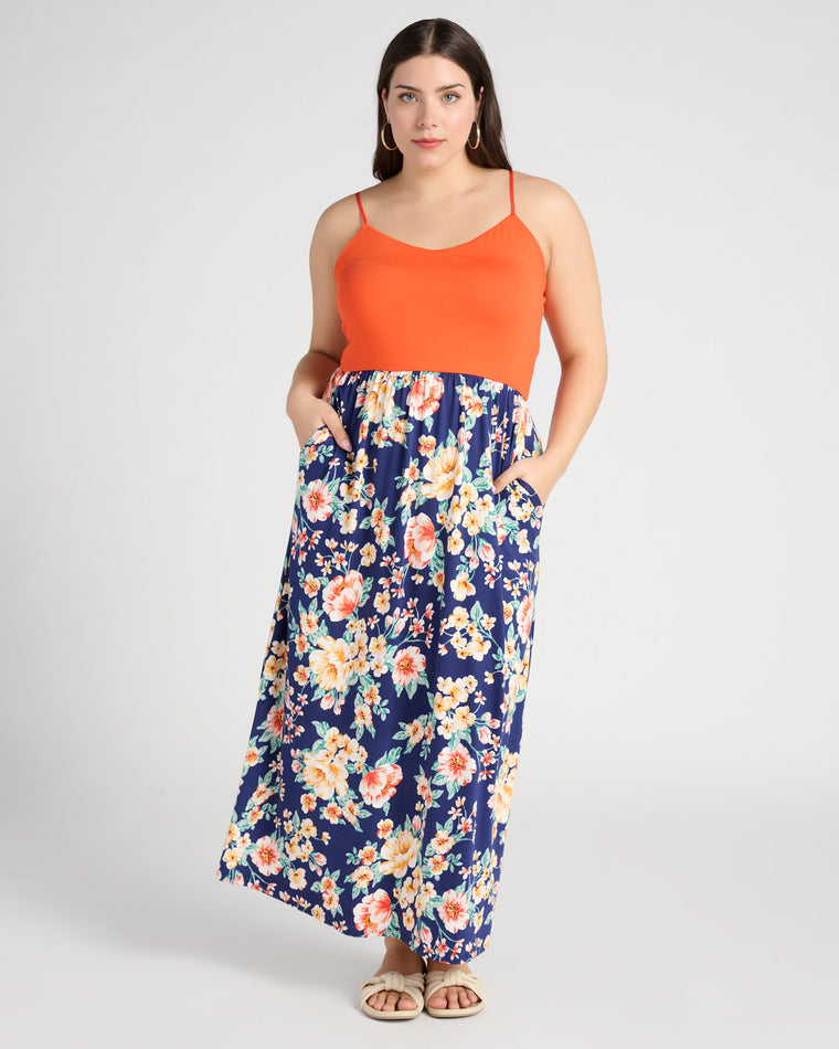 Floral and Solid Maxi Dress in Orange $|& Vanilla Bay Floral and Solid Maxi Dress - SOF Front