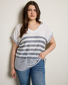 Ivory/Dark Blue $|& Bobeau Caty Double V Stripe Cuff Tee - SOF Front