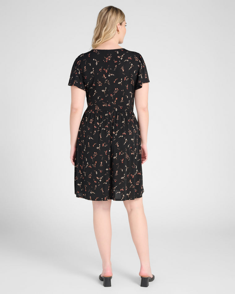 Black Floral $|& Gilli Short Sleeve Faux Wrap Mini Dress - SOF Back