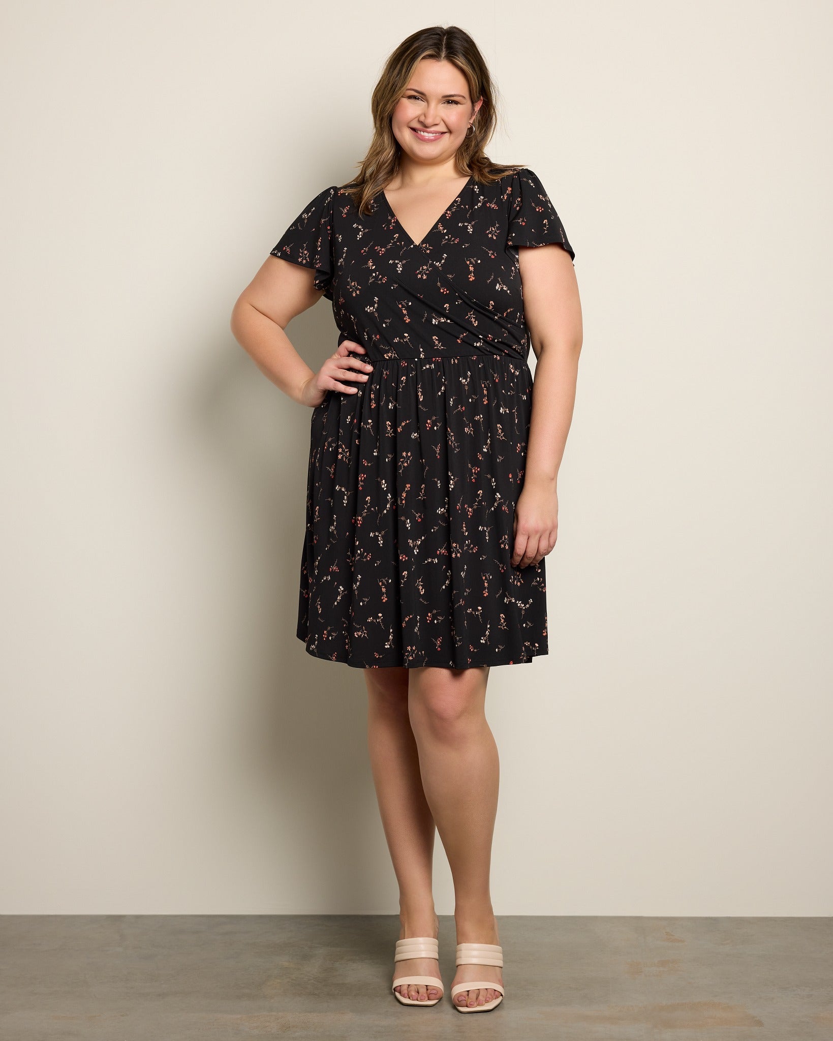 Black Floral $|& Gilli Short Sleeve Faux Wrap Mini Dress - SOF Front