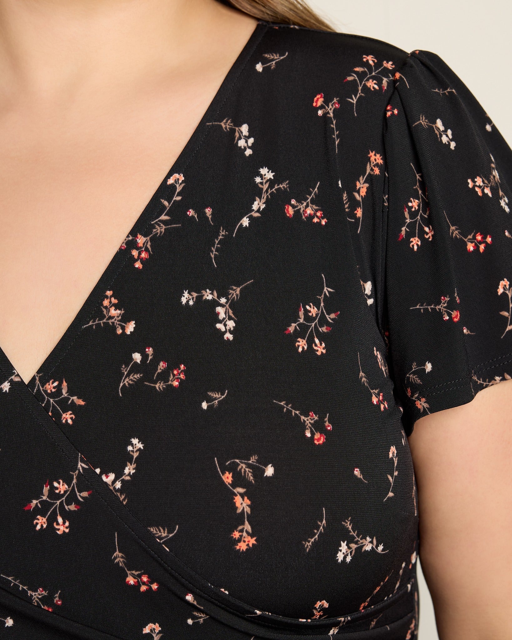Black Floral $|& Gilli Short Sleeve Faux Wrap Mini Dress - SOF Full Front