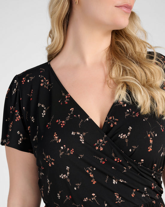 Black Floral $|& Gilli Short Sleeve Faux Wrap Mini Dress - SOF Detail