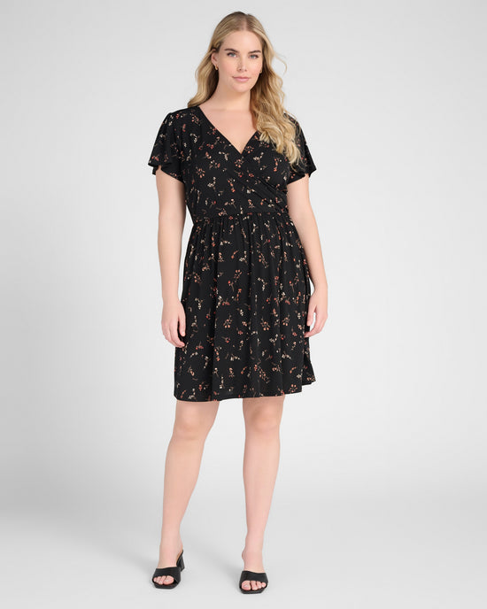 Black Floral $|& Gilli Short Sleeve Faux Wrap Mini Dress - SOF Front