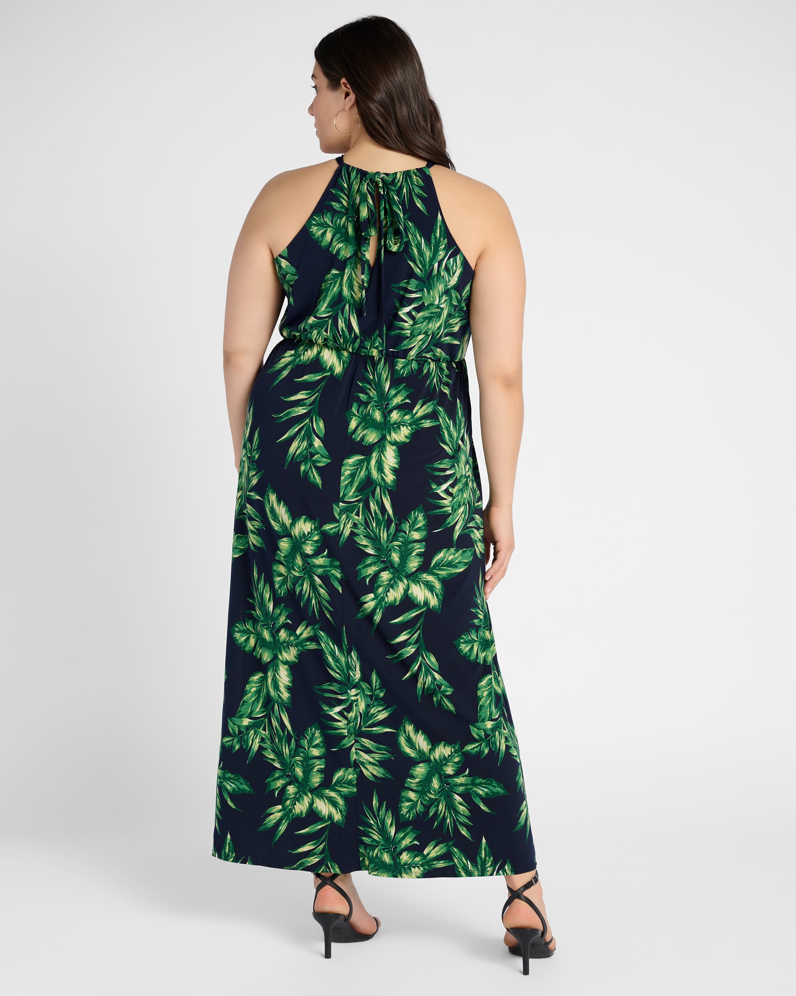Navy Green Palm $|& Gilli Plus Halter Neck Elastic Waist Maxi Dress - SOF Back