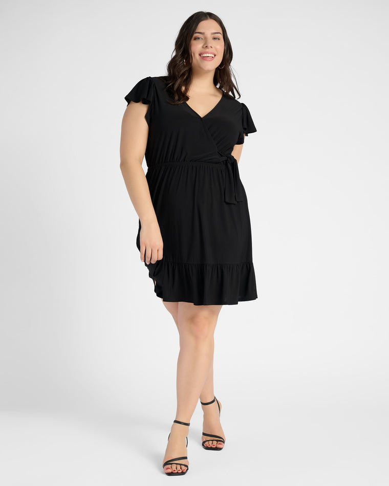 Black $|& Gilli Ruffle Sleeve Surplice Mini Dress - SOF Front