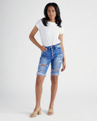 Medium Wash $|& Vervet Mid Rise Distressed Bermuda Short - SOF Full Front