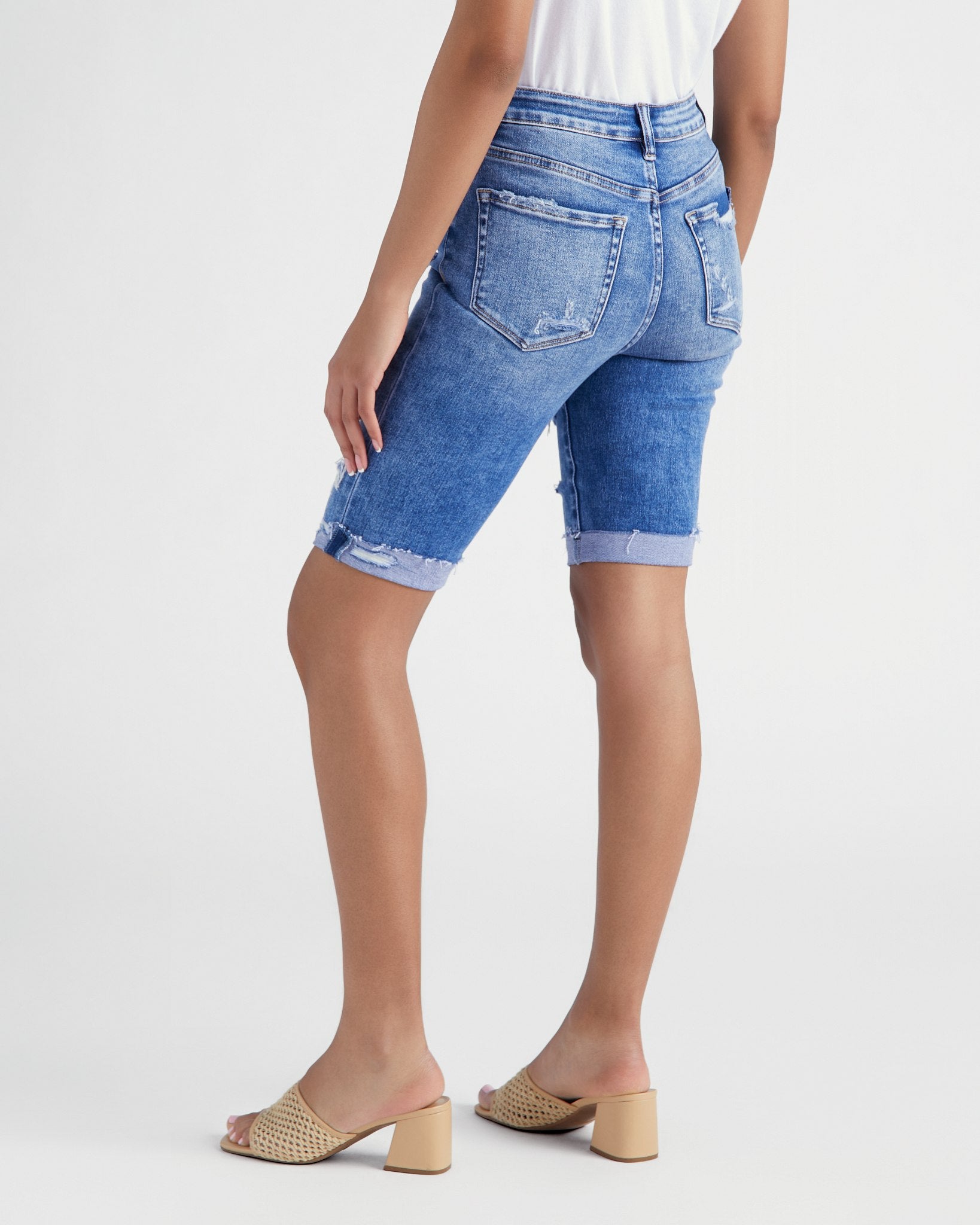 Medium Wash $|& Vervet Mid Rise Distressed Bermuda Short - SOF Back