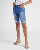 Medium Wash $|& Vervet Mid Rise Distressed Bermuda Short - SOF Front