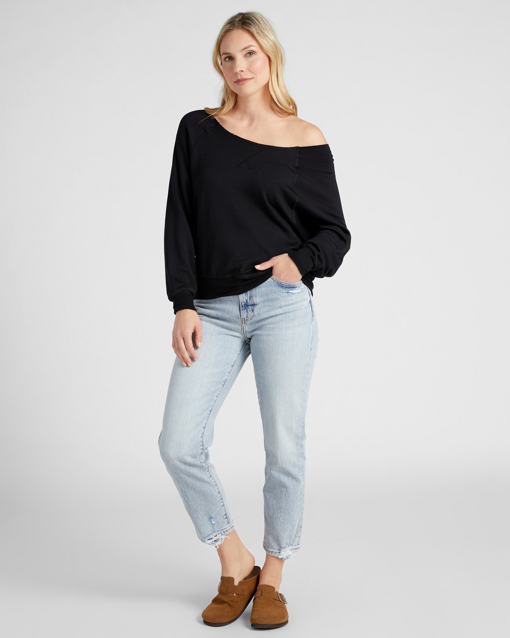 Black $|& Herizon Off the Shoulder Fleece Sweatshirt - SOF Full Front