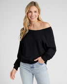 Black $|& Herizon Off the Shoulder Fleece Sweatshirt - SOF Front
