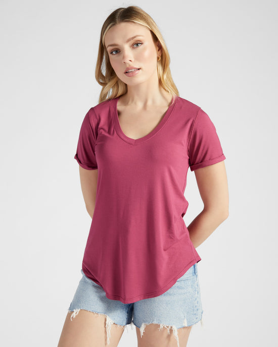 Red Plum $|& 78&Sunny V-Neck Short Sleeve Roll Cuff Tee - SOF Front