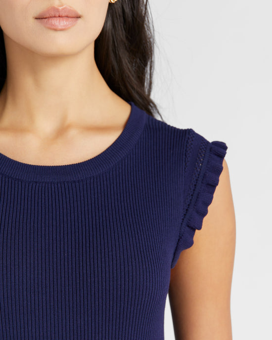 Navy $|& Skies Are Blue Ruffle Sleeve Ribbed Solid Top - SOF Detail