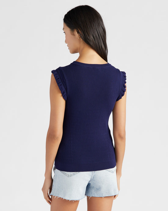 Navy $|& Skies Are Blue Ruffle Sleeve Ribbed Solid Top - SOF Back