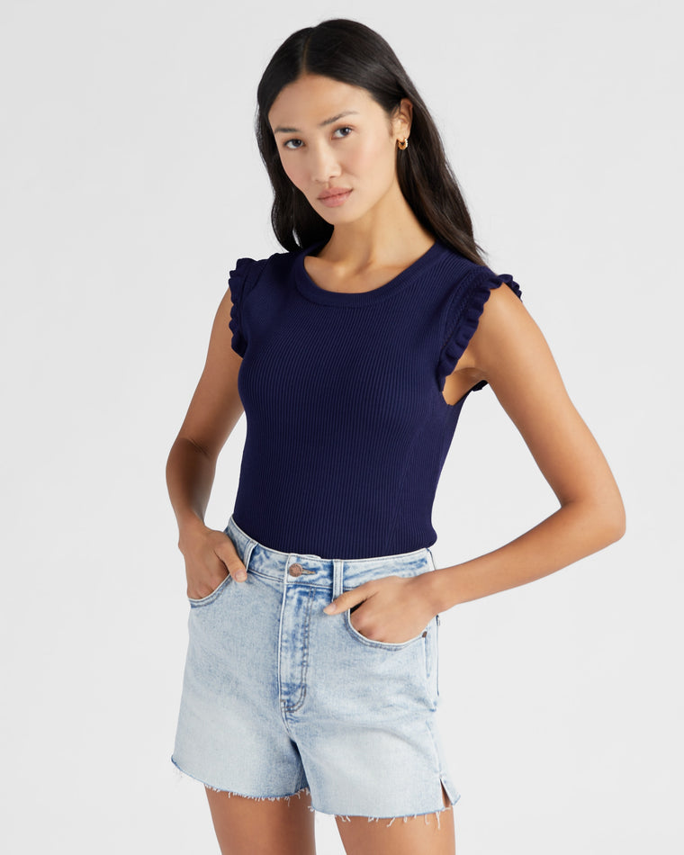 Navy $|& Skies Are Blue Ruffle Sleeve Ribbed Solid Top - SOF Front