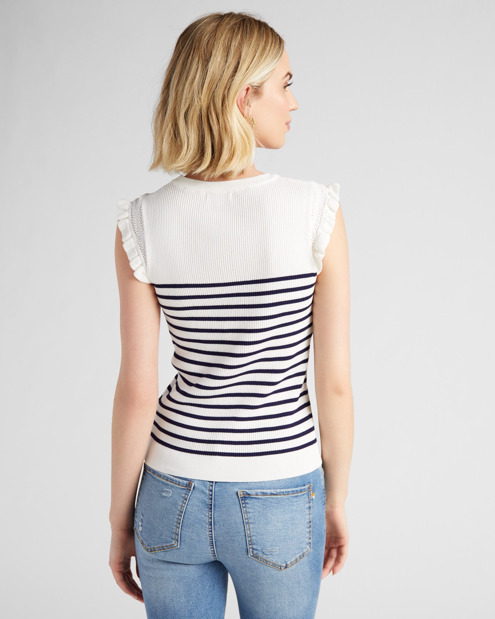 White-Navy $|& Skies Are Blue Ruffle Sleeve Ribbed Striped Top - SOF Back