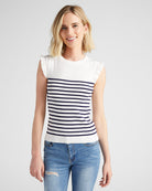 White-Navy $|& Skies Are Blue Ruffle Sleeve Ribbed Striped Top - SOF Front