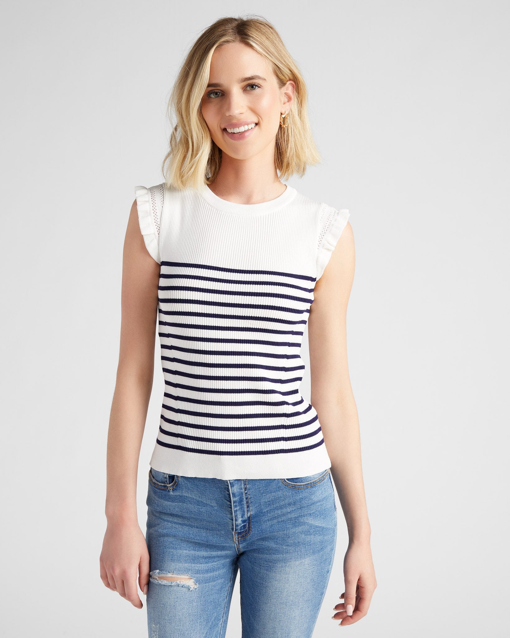 White-Navy $|& Skies Are Blue Ruffle Sleeve Ribbed Striped Top - SOF Front