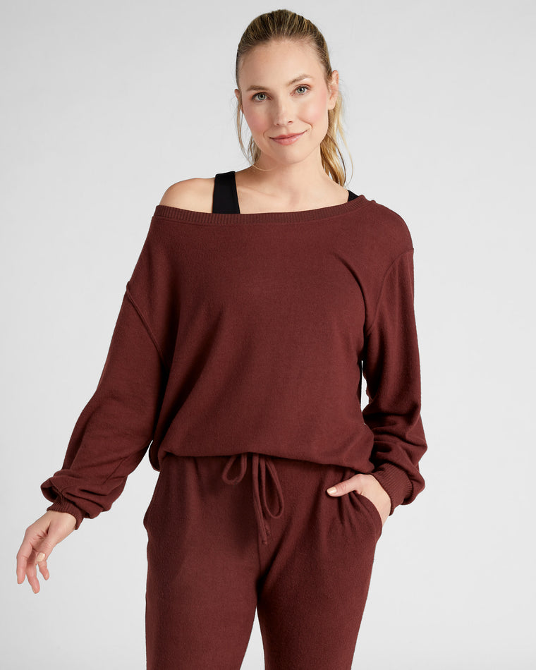 Chocolate $|& Interval Cashmere-Like One Shoulder Pullover - SOF Front