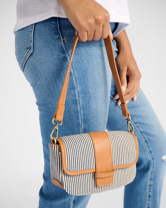 Denim Pinstripe Brown $|& Joy Susan Carmen Canvas Bagette Convertible Crossbody - SOF Detail