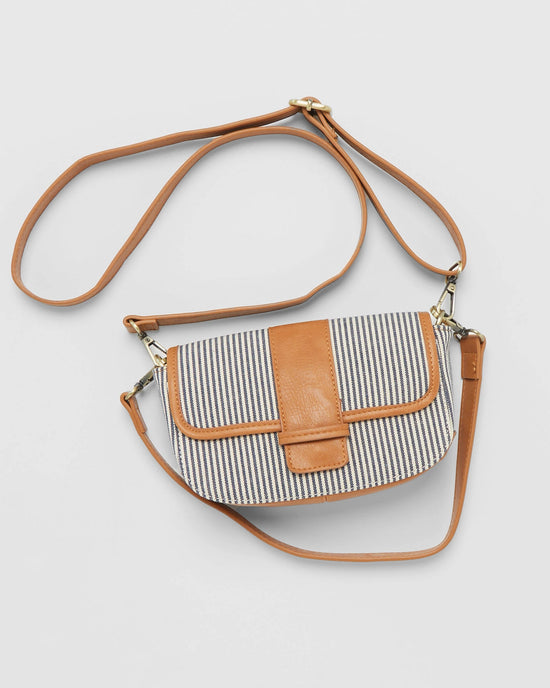 Denim Pinstripe Brown $|& Joy Susan Carmen Canvas Bagette Convertible Crossbody - Hanger Front