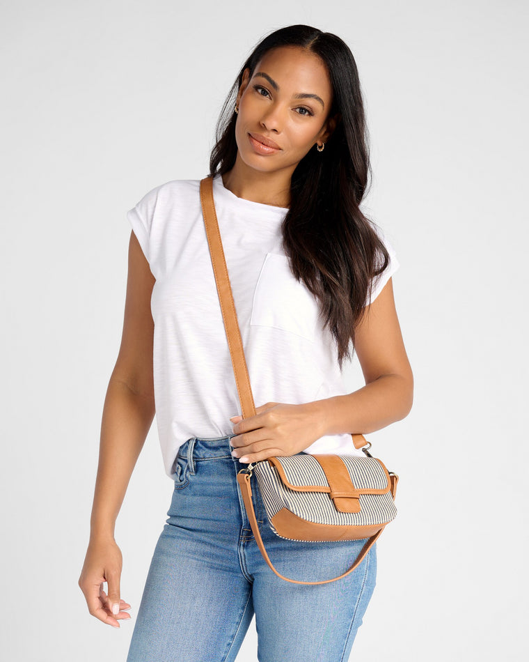 Denim Pinstripe Brown $|& Joy Susan Carmen Canvas Bagette Convertible Crossbody - SOF Front