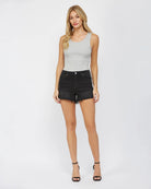 Eerie Black $|& Mica Denim Mid Rise Frayed Hem Shorts - VOF Detail