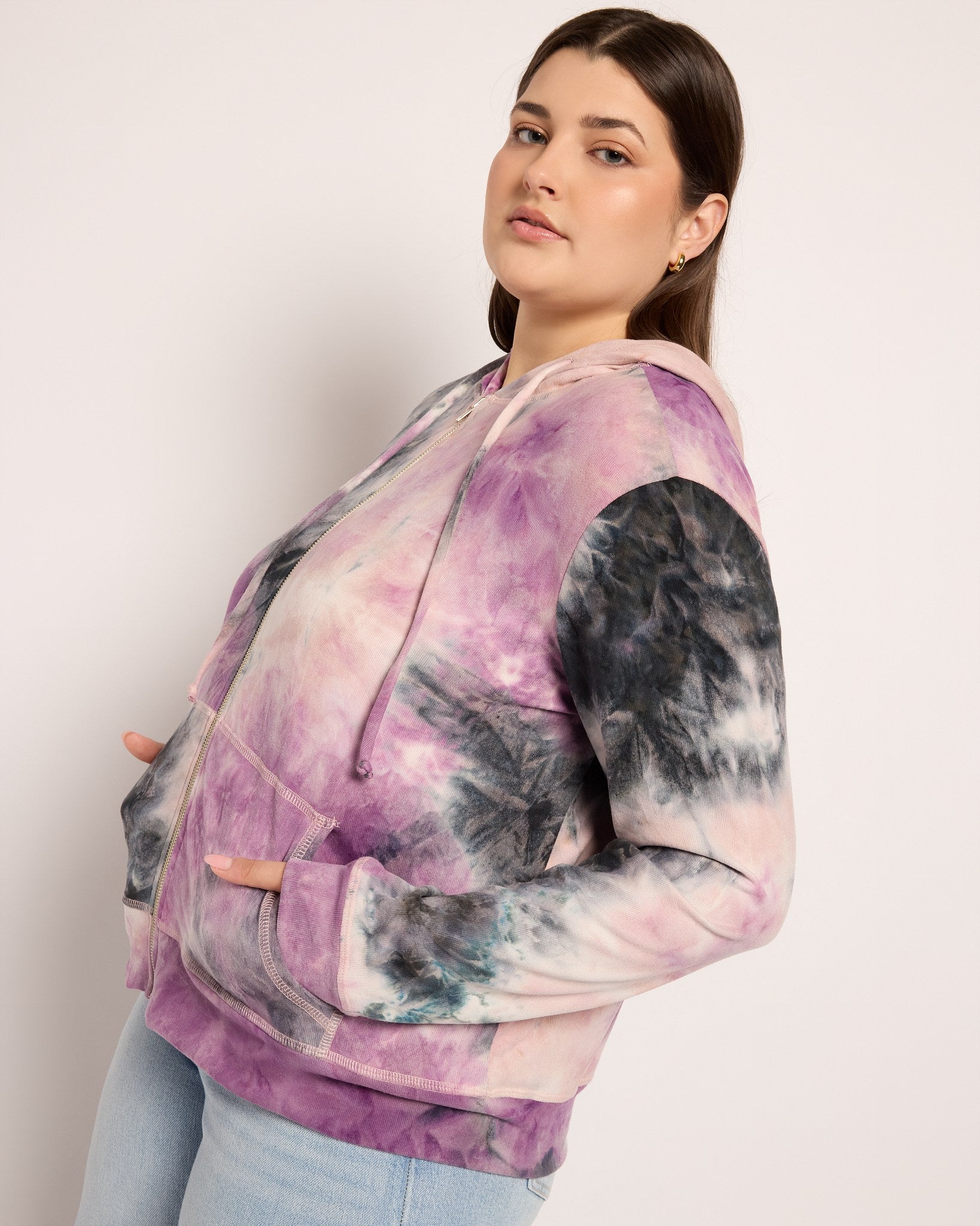 Purple Black Tie dye $|& SEAS Tie Dye Sweater Knit Full Zip Hoodie - VOF Front