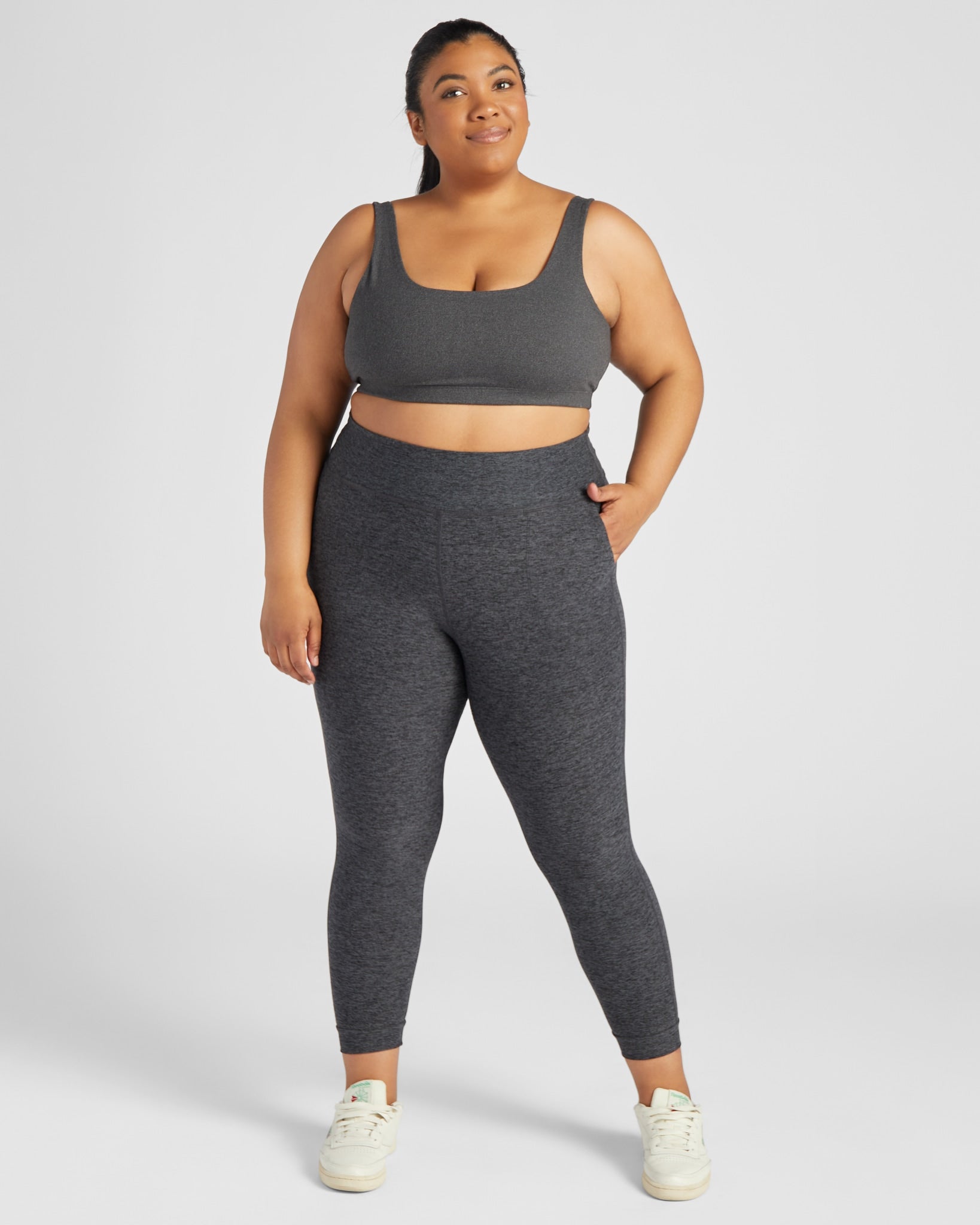 Heather Charcoal $|& Interval Double Scoop Yoga Sports Bra - SOF Full Front