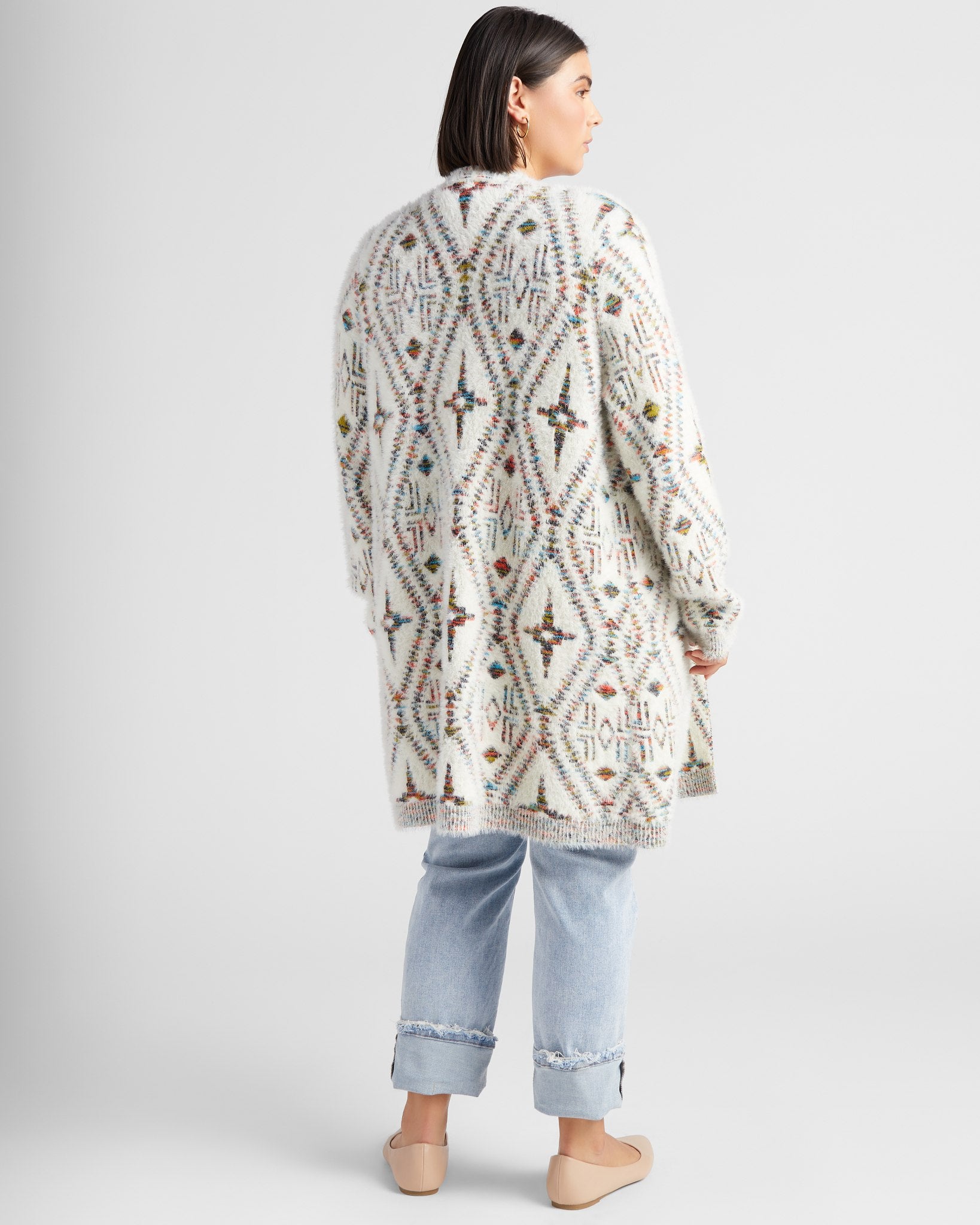Ivory Mix Print $|& Bobeau Eyelash Open Front Cardigan - SOF Back