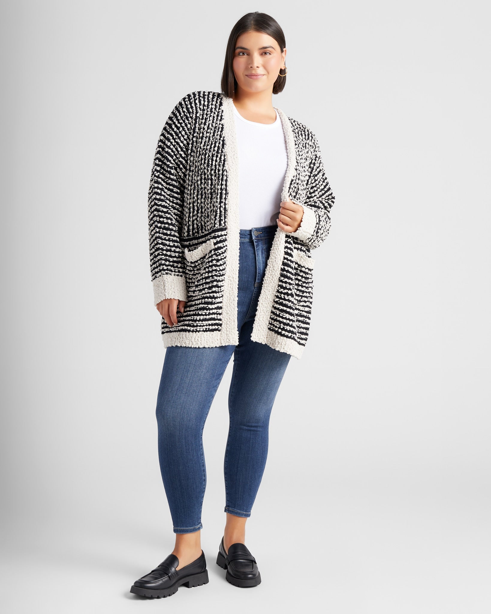 Cream/Black $|& Bobeau Mini Stripe Two Pocket Cardigan - SOF Full Front