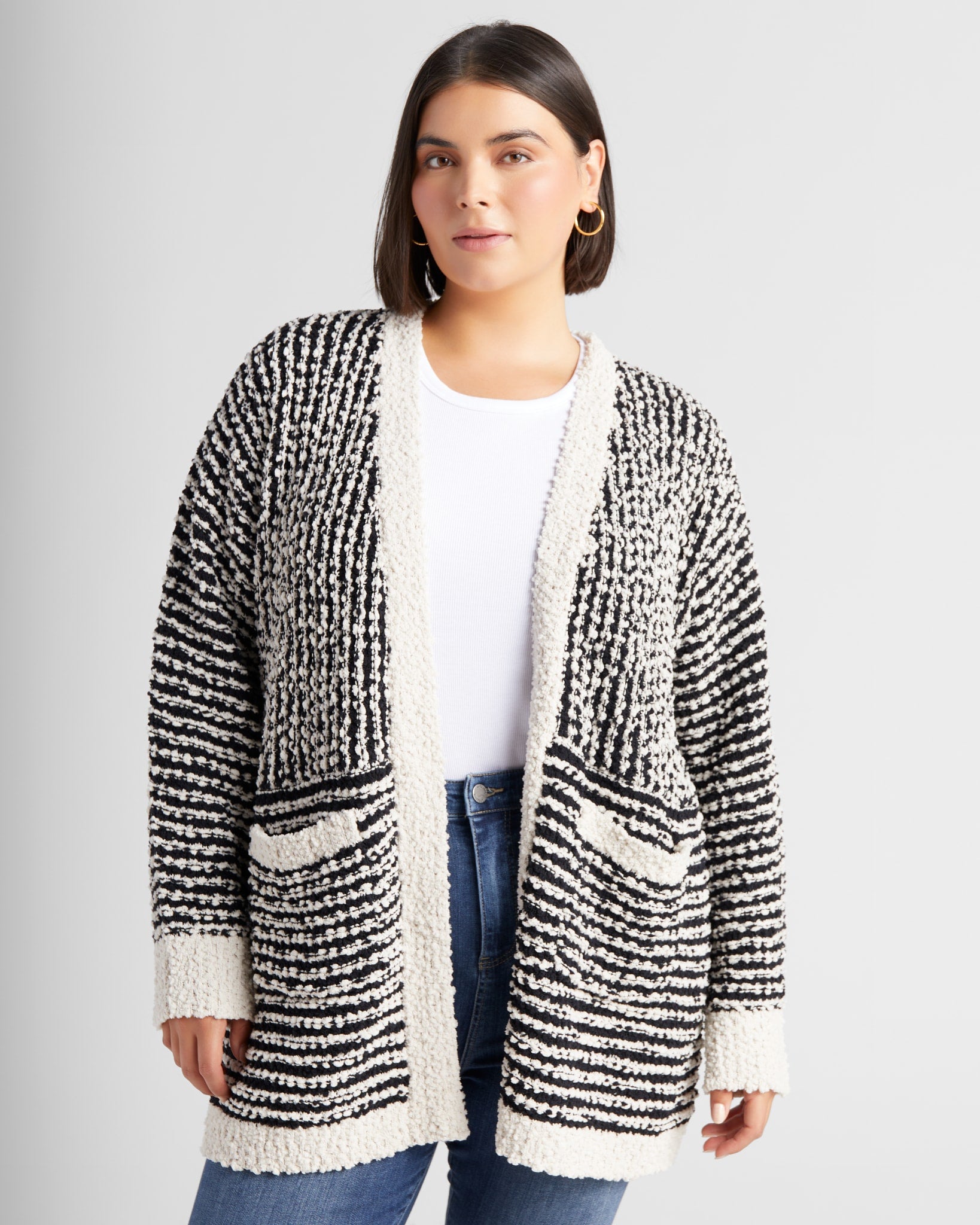 Cream/Black $|& Bobeau Mini Stripe Two Pocket Cardigan - SOF Front