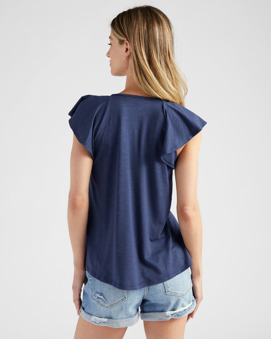 Navy $|& 78&SUNNY Slub Flutter Sleeve Top - SOF Back