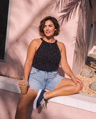 Black/Ivory $|& Loveappella Printed Halter Tank - SOF Side