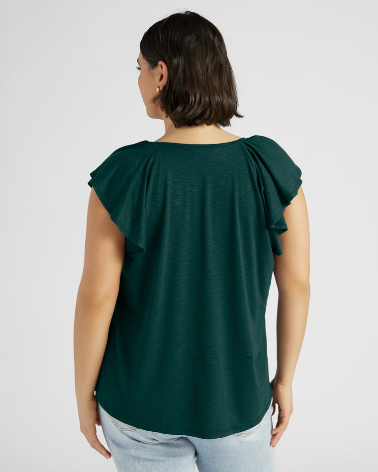 Hunter Green $|& 78&SUNNY Slub Flutter Sleeve Top - SOF Back