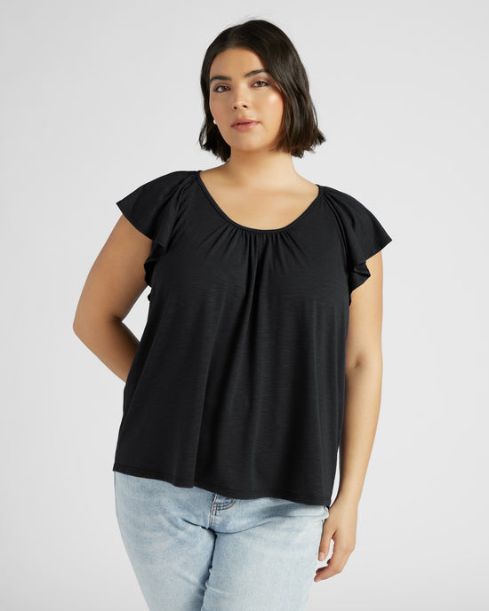 Black $|& 78&SUNNY Slub Flutter Sleeve Top - SOF Front