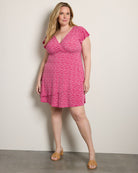 Fuchsia-Taupe Geo $|& Gilli Short Sleeve Surplice Dress - SOF Front