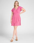 Fuchsia-Taupe Geo $|& Gilli Short Sleeve Surplice Dress - SOF Front