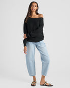 Black $|& SEAS Coastal One Shoulder Sweater - SOF Full Front