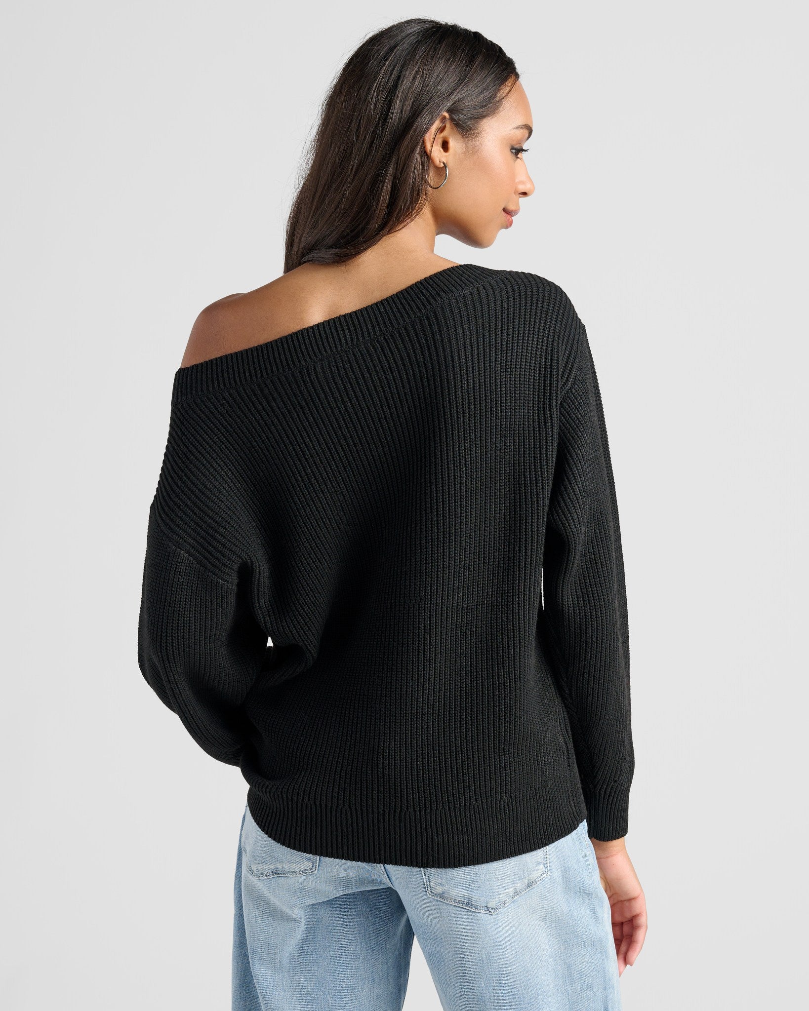 Black $|& SEAS Coastal One Shoulder Sweater - SOF Back