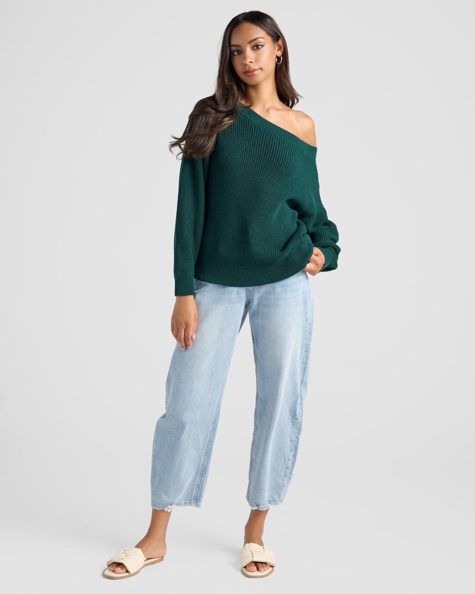 Hunter Green $|& SEAS Coastal One Shoulder Sweater - SOF Full Front