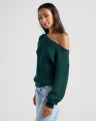 Hunter Green $|& SEAS Coastal One Shoulder Sweater - SOF Front