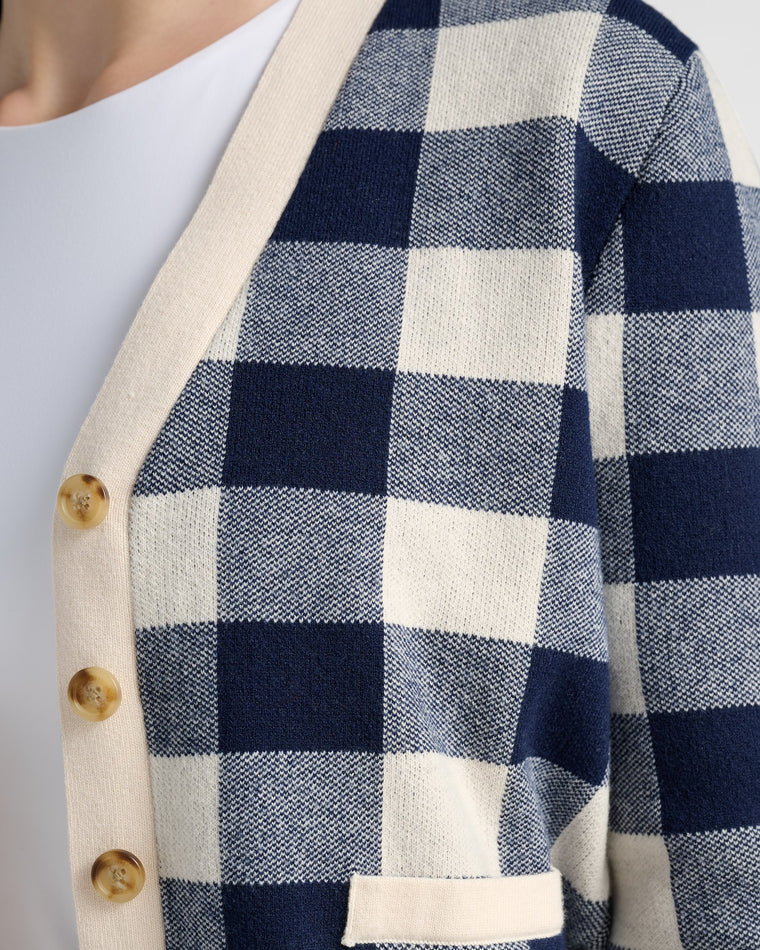 Cream/Navy $|& 78&SUNNY Alumni Double Plaid Cardigan - SOF Detail