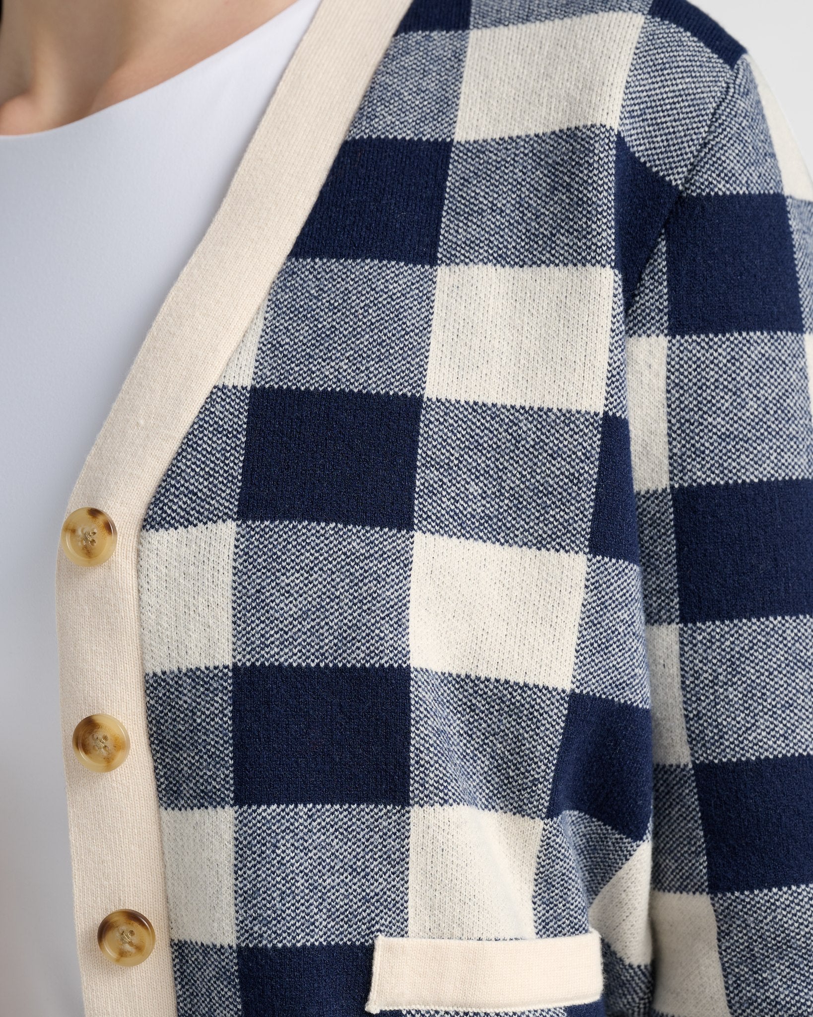 Cream/Navy $|& SEAS Alumni Double Plaid Cardigan - SOF Full Front