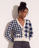 Cream/Navy $|& SEAS Alumni Double Plaid Cardigan - VOF Front