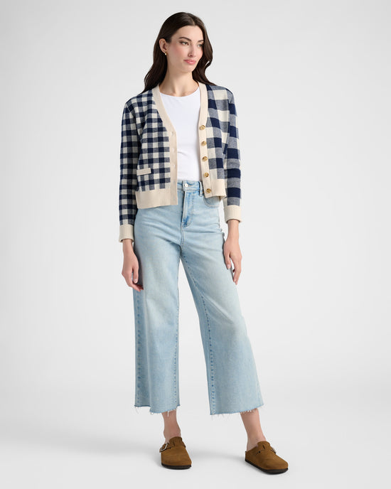 Cream/Navy $|& 78&SUNNY Alumni Double Plaid Cardigan - SOF Full Front