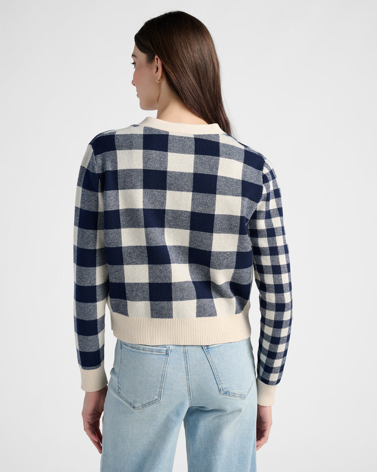 Cream/Navy $|& 78&SUNNY Alumni Double Plaid Cardigan - SOF Back