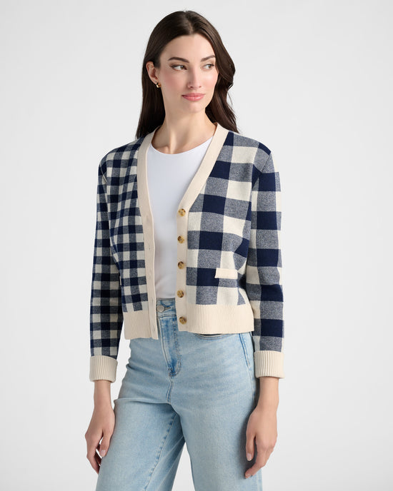 Cream/Navy $|& 78&SUNNY Alumni Double Plaid Cardigan - SOF Front